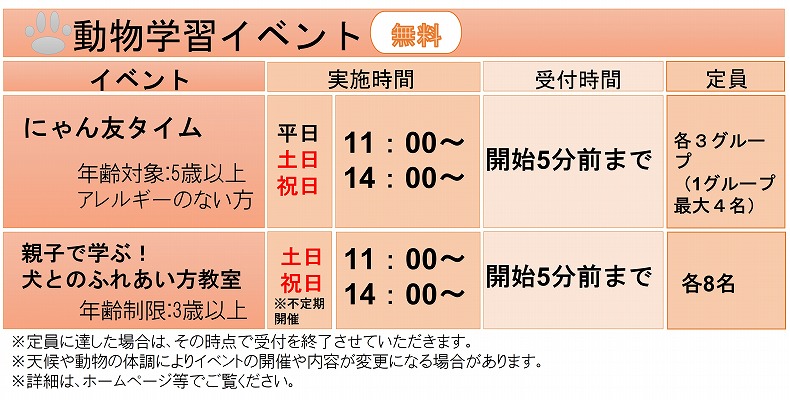 動物学習イベントスケジュール表