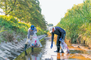 川の中に入り、ごみを回収