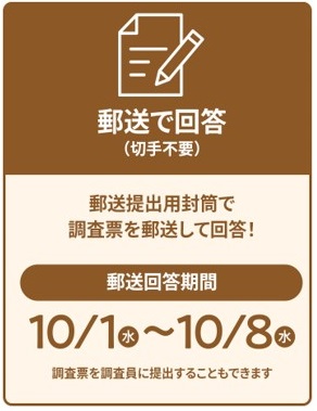 郵送で回答（切手不要）郵送提出用封筒で調査票を郵送して回答！回答期間は10月1日から10月8日まで