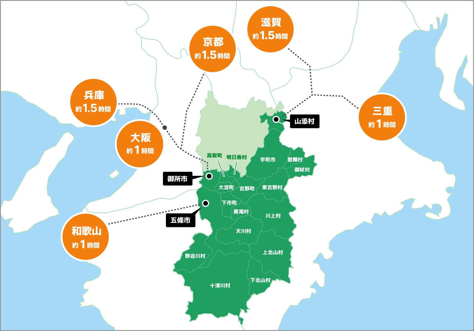 近畿府県から最寄りの奥大和エリアまでのアクセス地図