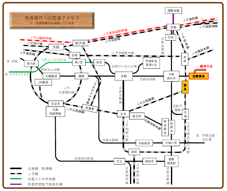 奈良県庁への交通アクセス(周辺鉄道図)